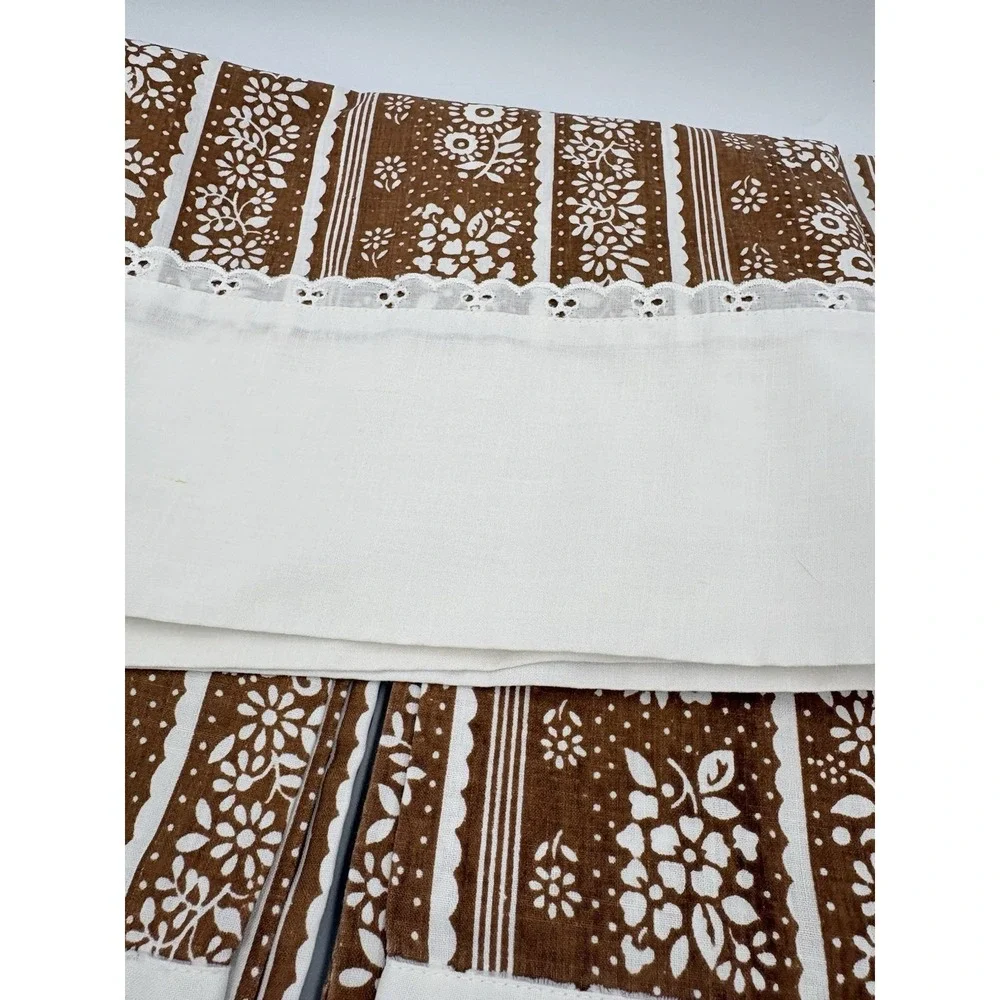 Set 3 Vintage Brown Floral Pillow Cases Cotton Standard Sz 70's Era Lace - Picture 4 of 5